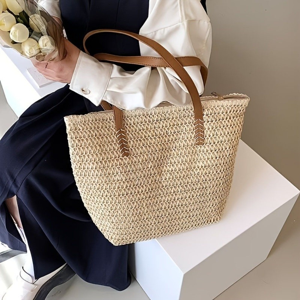 Beach Bag Straw - Fashion Solid Color Weave Straw Tote