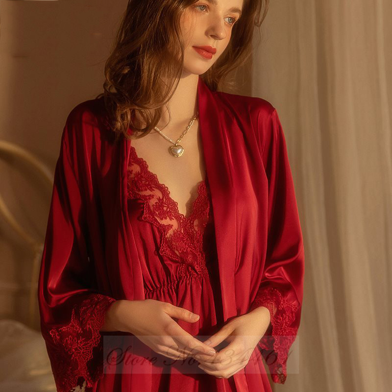 Summer House Clothing - Burgundy 2PCS Robe Set Nightgown Sexy