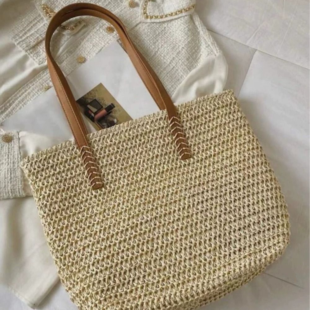 Beach Bag Straw - Cute Solid Color Weave Straw Tote